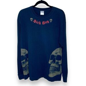 Gildan Sick Boy Motorcycle Skull Black Long Sleeve Crew Neck T Shirt Men Large